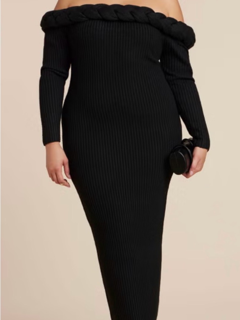 Off-Shoulder Ribbed Knit Midi Dress - Black